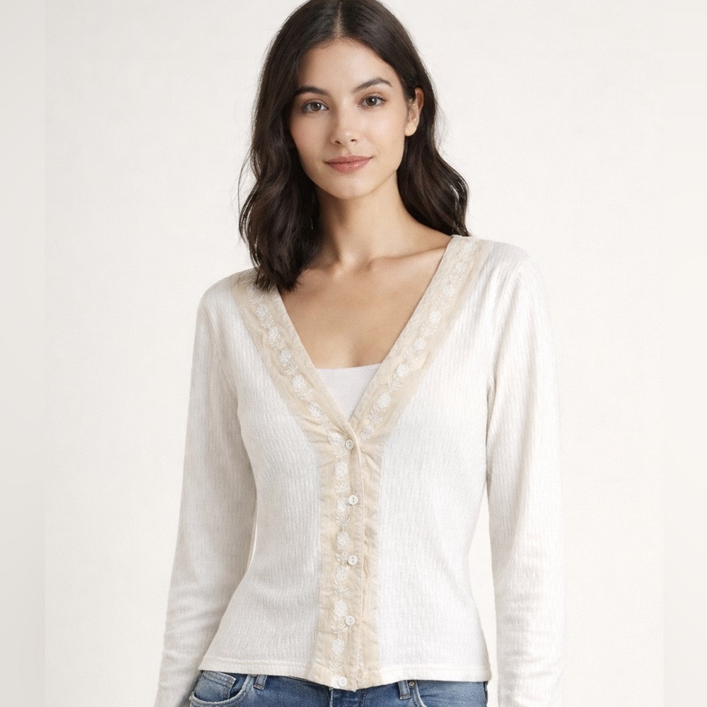 J. JILL Cardigan Sweater Women Small White Ribbed Eyelet Embroidered 100%Cotton‎